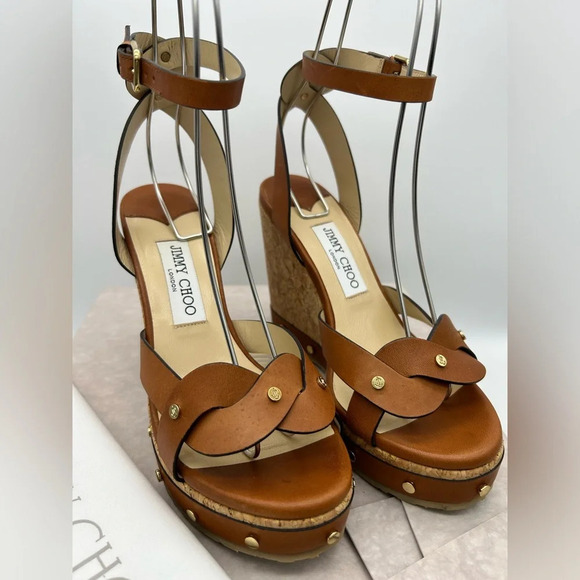 $795 Jimmy Choo Women's Cognac Drya Studded Wedge Sandal Shoes Size EU 38 - Picture 3 of 16
